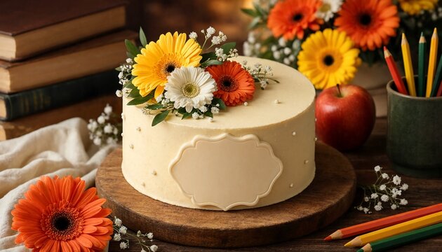 Decorated round cake with fresh flowers and blank frame on wooden table