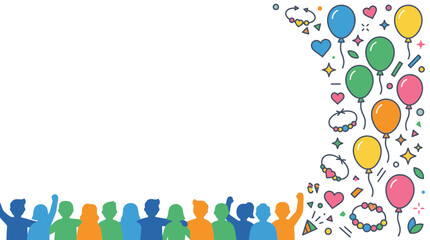 Naklejka premium Festive border featuring colorful balloons and diverse people silhouettes.