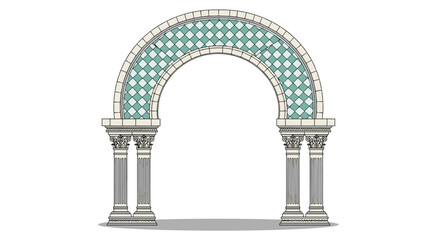Fototapeta premium Beautiful classical architectural arch with marble columns and green mosaic pattern within the semicircular arch.