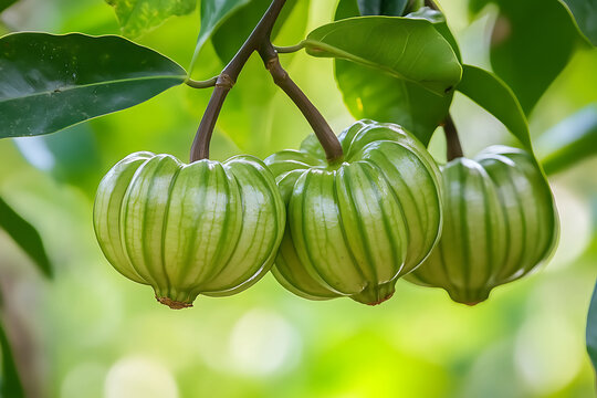 Unripe Garcinia Cambogia Fruits Hanging on Tree Branch.