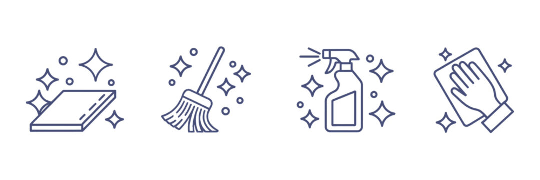 Cleaning icon set, clean surface, wet cleaning, hand wiping, cloth polish and mop with shiny floor symbols, editable stroke line vector illustration.