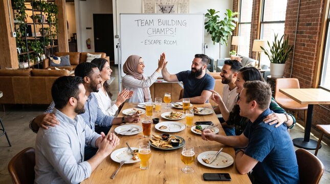 Excited team celebrating a win with high fives and drinks at lunch.