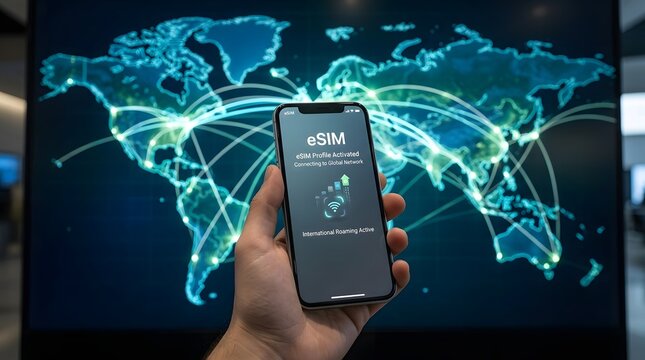Hand holding smartphone displaying eSIM with global network connections symbolizing wireless future and digital connectivity.