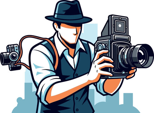 Retro Photographer with Vintage Camera and Modern Cityscape
