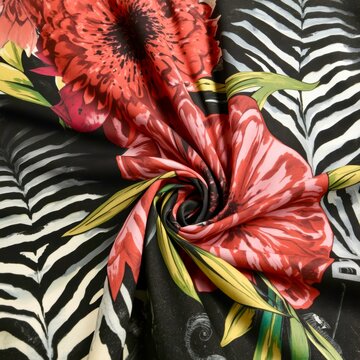 Vibrant red flowers bloom against bold zebra stripes