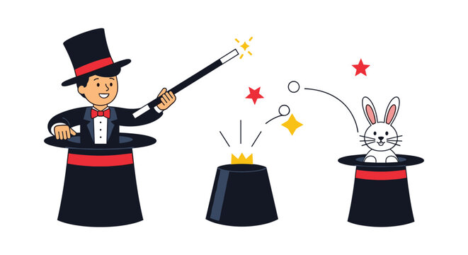 Cheerful magician performing a classic magic trick with a magic wand and pulling a white rabbit out of a top hat.