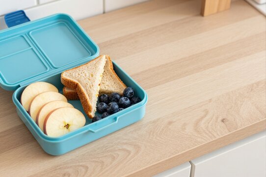 healthy school lunch in a blue lunchbox with apple slices, sandwich and blueberries on wooden counter