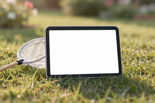 blank tablet screen on grass with butterfly net during sunny day in park, concept of technology