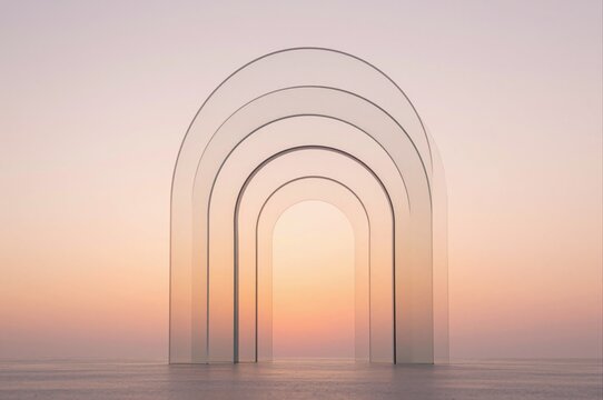 abstract glass arches reflecting sunset hues over serene ocean view
