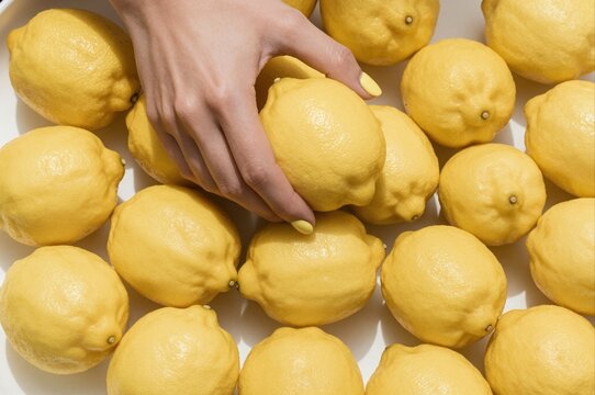 woman's hand reaching for fresh yellow lemons on bright white table, concept of healthy living