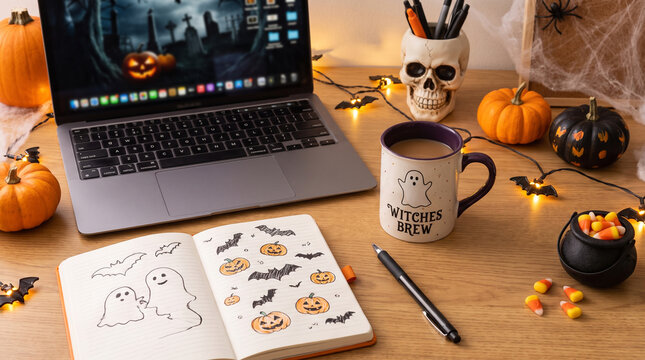 Halloween decorated office desk with pumpkins and spooky decorations