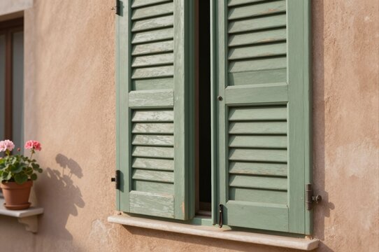green wooden shutters partially open on sunlit mediterranean style house with flower pot