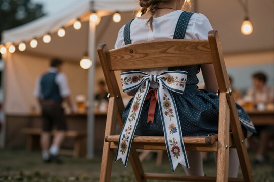 young girl in traditional dress sitting at outdoor beer festival , with wooden chairs and festive lights