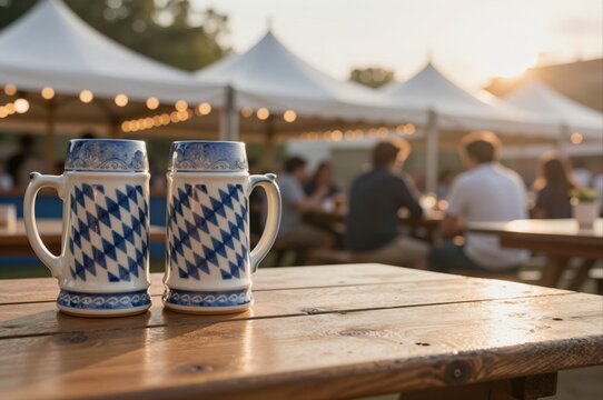 bavarian beer steins on wooden table at beer festival  garden during sunset celebration