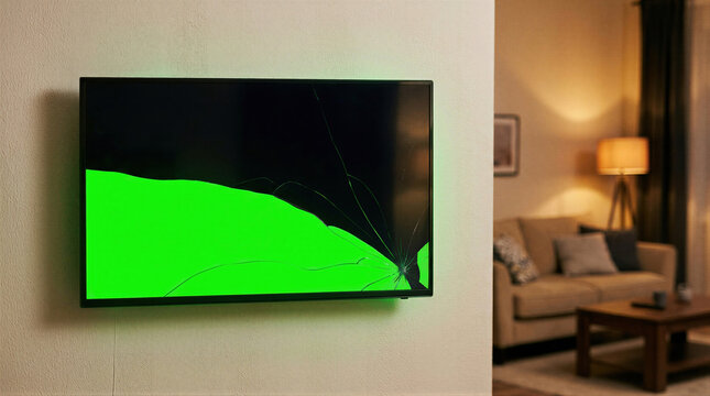 Broken television screen with cracked display mounted on living room wall. Damaged monitor showing green glitch and malfunction. Electronic hardware failure and home technology repair concept.