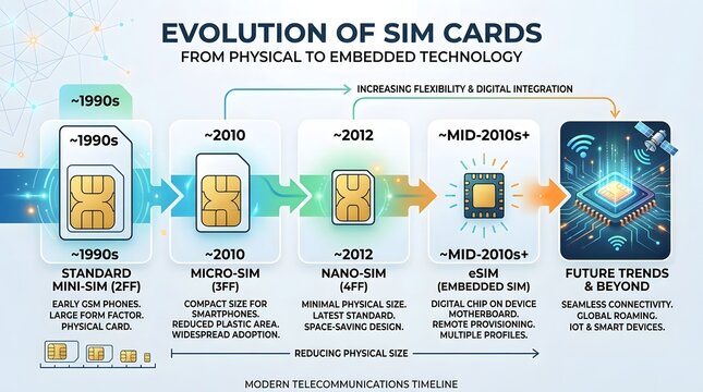 Infographic showing evolution of SIM cards from standard SIM to micro, nano, and eSIM technology in a clean modern timeline layout.