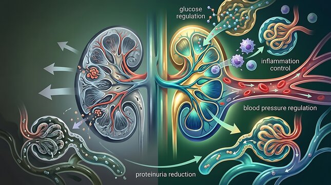 Medical illustration showing kidney functions and biological regulation