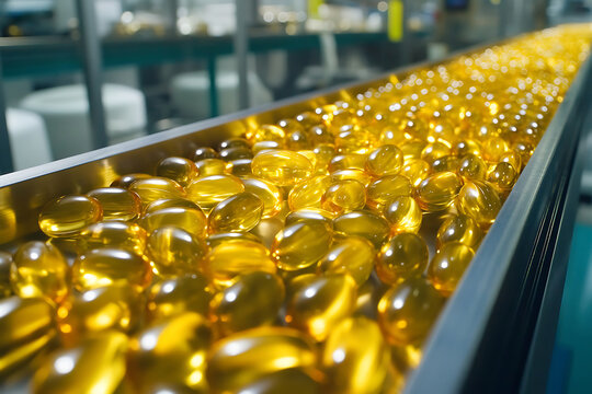 Pharmaceutical Factory Producing Golden Softgel Capsules on Production Line.