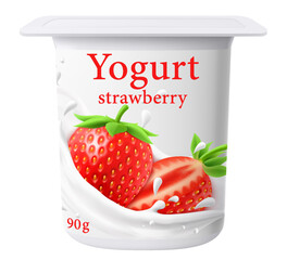 Fototapeta na wymiar Strawberry yogurt, package design. Dairy product. Closed jar for fermented milk food. Healthy snack. Cream dessert container mockup. 3D pot with foil cap. Vector plastic packaging