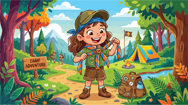 Cartoon girl scout character at summer camp adventure, happy young explorer in forest campsite, child hiking in nature landscape vector illustration