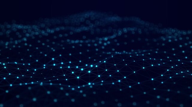 Waves transmit silent codes through a luminous matrix. Particles pulse with digital motion. 3D rendering. Seamless loop.