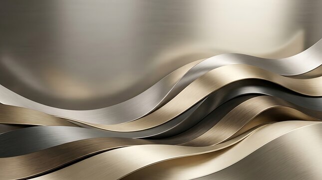 Metallic Waves of Elegance: Flowing ribbons of polished metal in shades of gold, silver, and pewter create a luxurious and abstract backdrop, suggesting movement and sophistication.