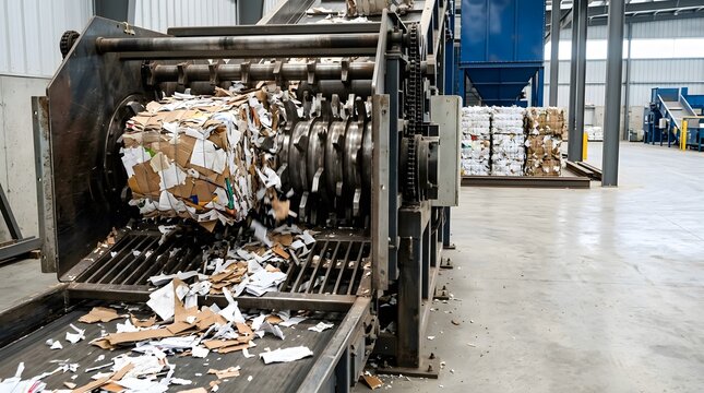 industrial bale breaker machine separating compressed recyclable paper bundles for automated recycling processing