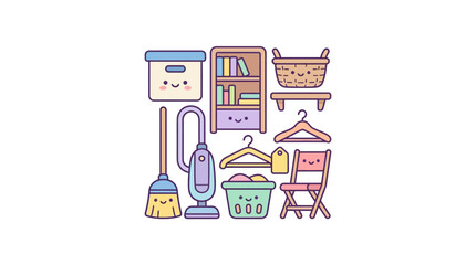 Naklejka premium Kawaii domestic cleaning equipment icons featuring vacuum and shelving unit.