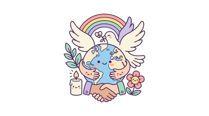 Naklejka premium Kawaii earth held by hands with dove and rainbow.