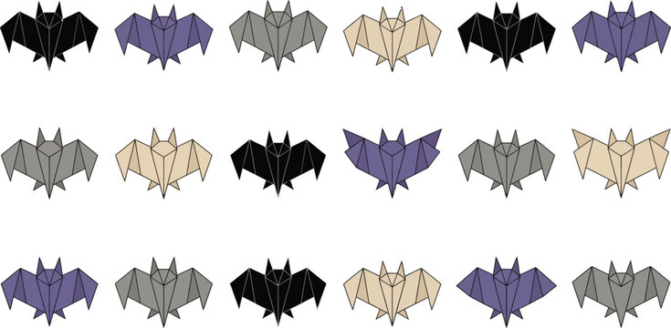 Set of colorful origami paper bats in a grid pattern for halloween holiday decoration design Vector