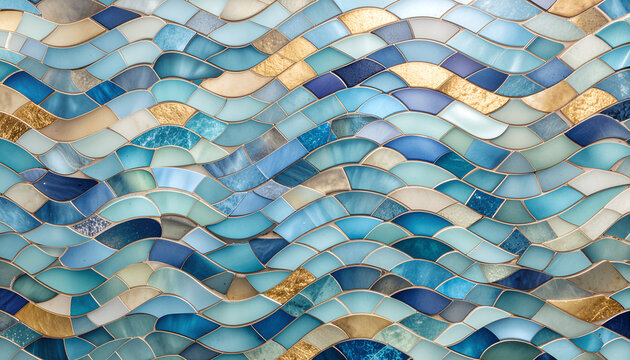 A stunning mosaic depicts undulating waves in shades of blue and gold.