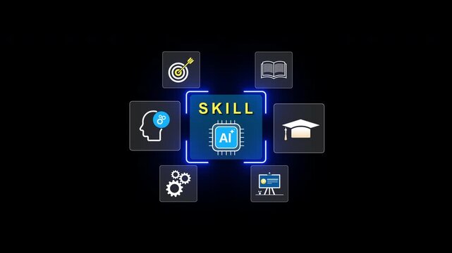 Businessman using laptop with AI skill development interface for online learning, digital education, career growth, workforce training and smart technology improvement in modern business.