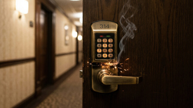 Broken digital door lock with electrical sparks and smoke on hotel door. Malfunction of electronic security system. Technical failure and emergency access problem in commercial building.