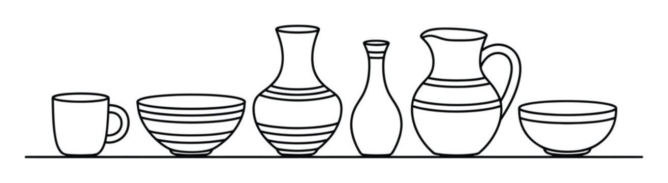 Una colecci&oacute;n de varios utensilios de cocina y vasijas de cer&aacute;mica en estilo de l&iacute;nea