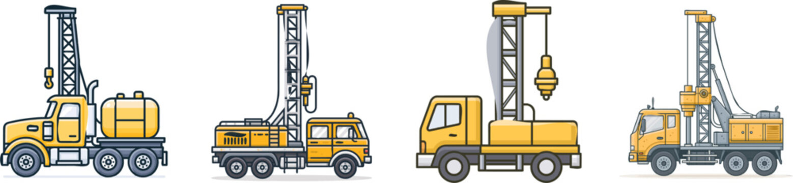 A minimalist flat 2D vector illustration of a water well drilling rig truck, showcasing its bright yellow chassis and steel grey mast against a solid white background