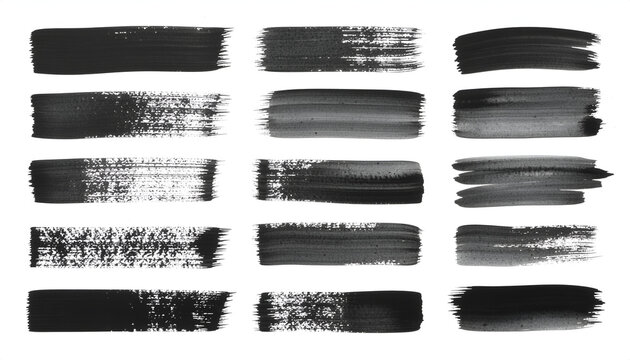 A collection of diverse black brushstroke textures are arranged in a grid pattern against a clean white background, showcasing varying degrees of density and roughness.