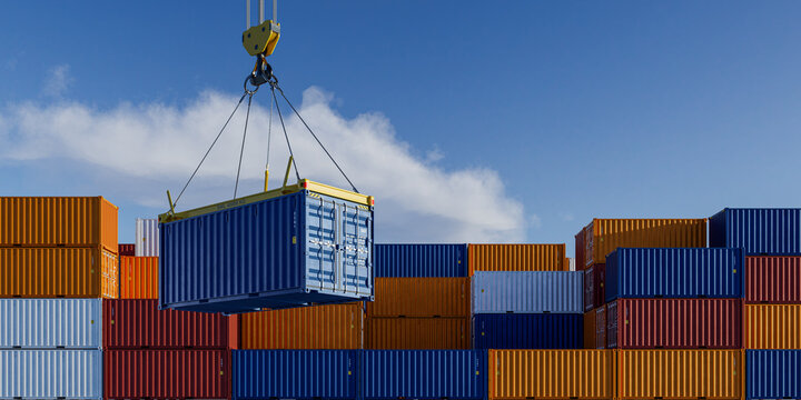 Stacks of colorful cargo containers stored in logistics terminal yard for global shipping