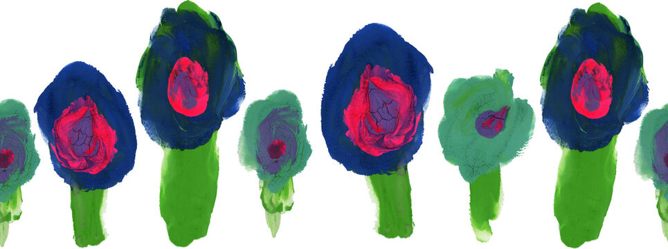 Hand drawn flower chain painted by kid on transparent background. Seamless floral border with colorful gouache nature elements. Creative child art print for stationery design element.