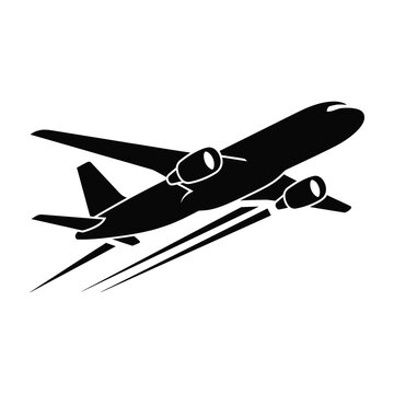 Black silhouette of a twin-engine airplane in flight with speed lines