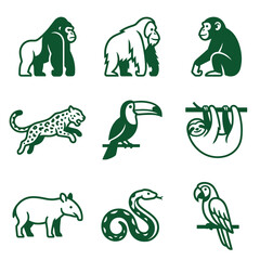 Fototapeta premium Green jungle animal silhouettes featuring gorillas, sloths, and leopards.