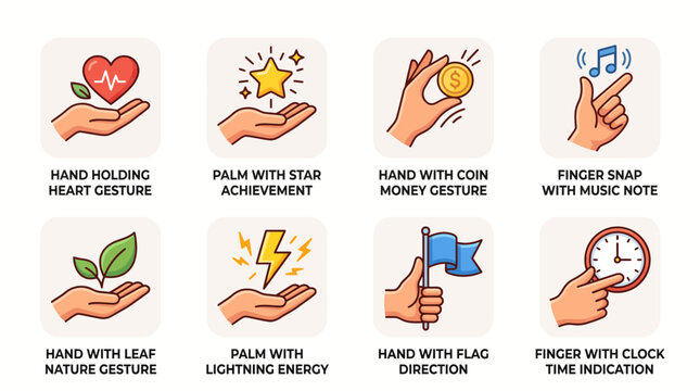 Set of human hand gesture icons with various objects and symbols.