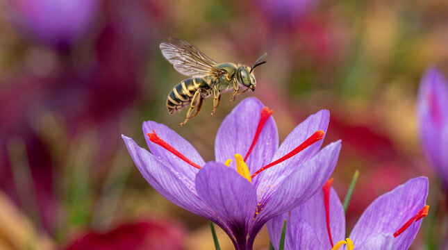 Honey bee hovering over a blooming purple saffron crocus flower in spring
