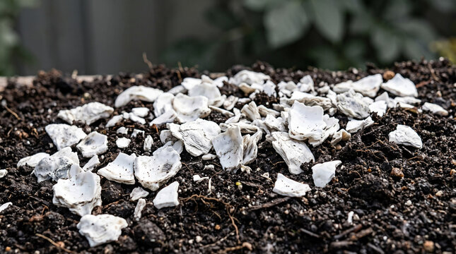 Crushed white oyster shells scattered over rich dark garden compost soil