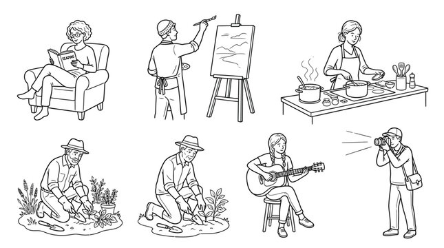 Set of line art illustrations depicting various people engaged in different hobbies and daily activities.