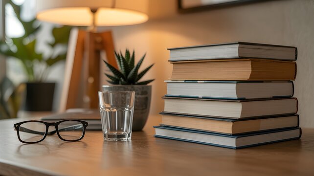 Stack of hardcover books next to a glass of water and eyeglasses