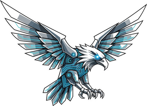 Futuristic robotic eagle with glowing blue eyes and circuit board details symbolizing technology and power isolated on white background