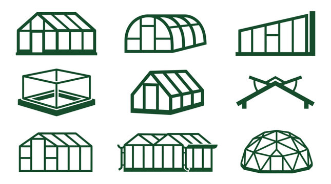 Greenhouse structures and glasshouse architecture icon set.