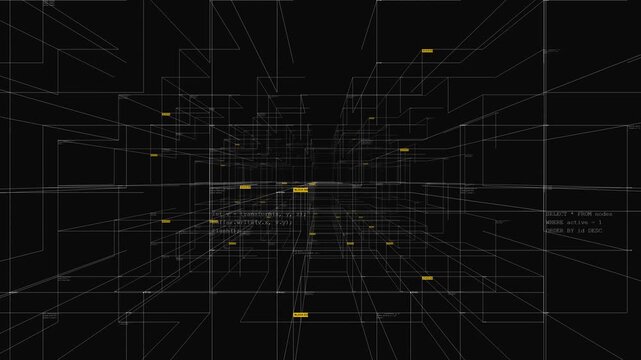 Blockchain data blocks floating within white coordinate grid moving forward for cryptocurrency network visual.