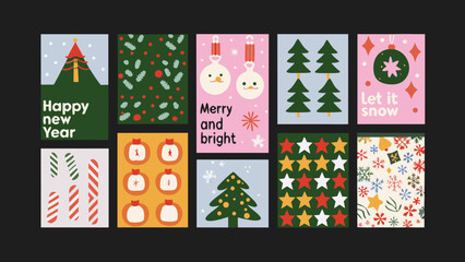 Festive greeting card collection featuring christmas trees candy canes and snowflakes in a colorful vector illustration cards © Subadchandra
