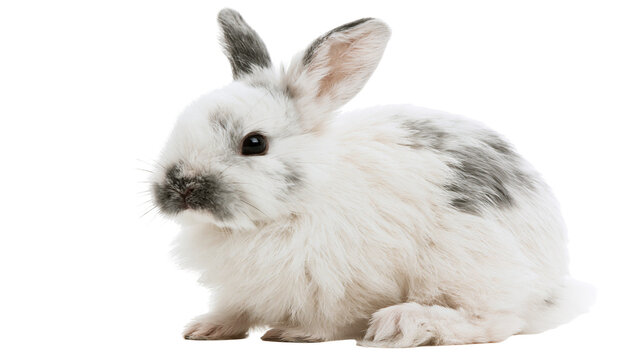 Small white rabbit with grey spots sitting